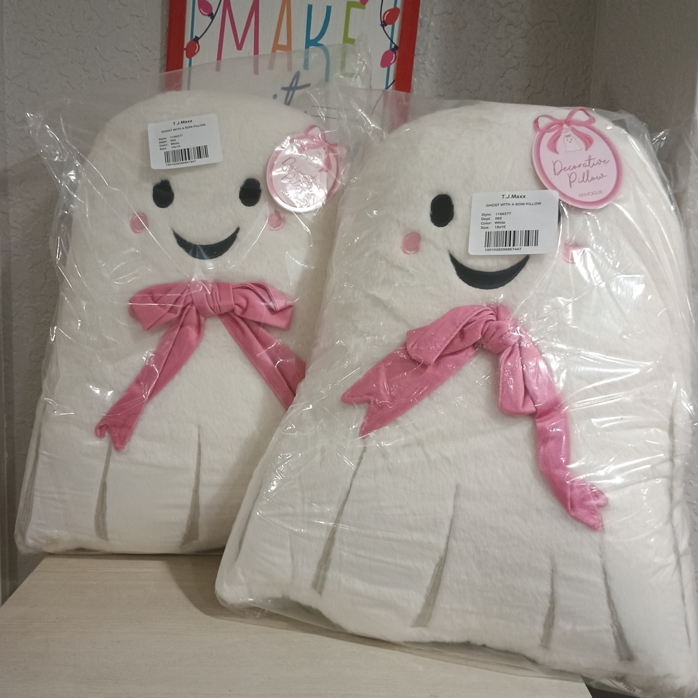 Bundle of 2) Ghost Pillow Pink Bow Halloween NEW 18x16